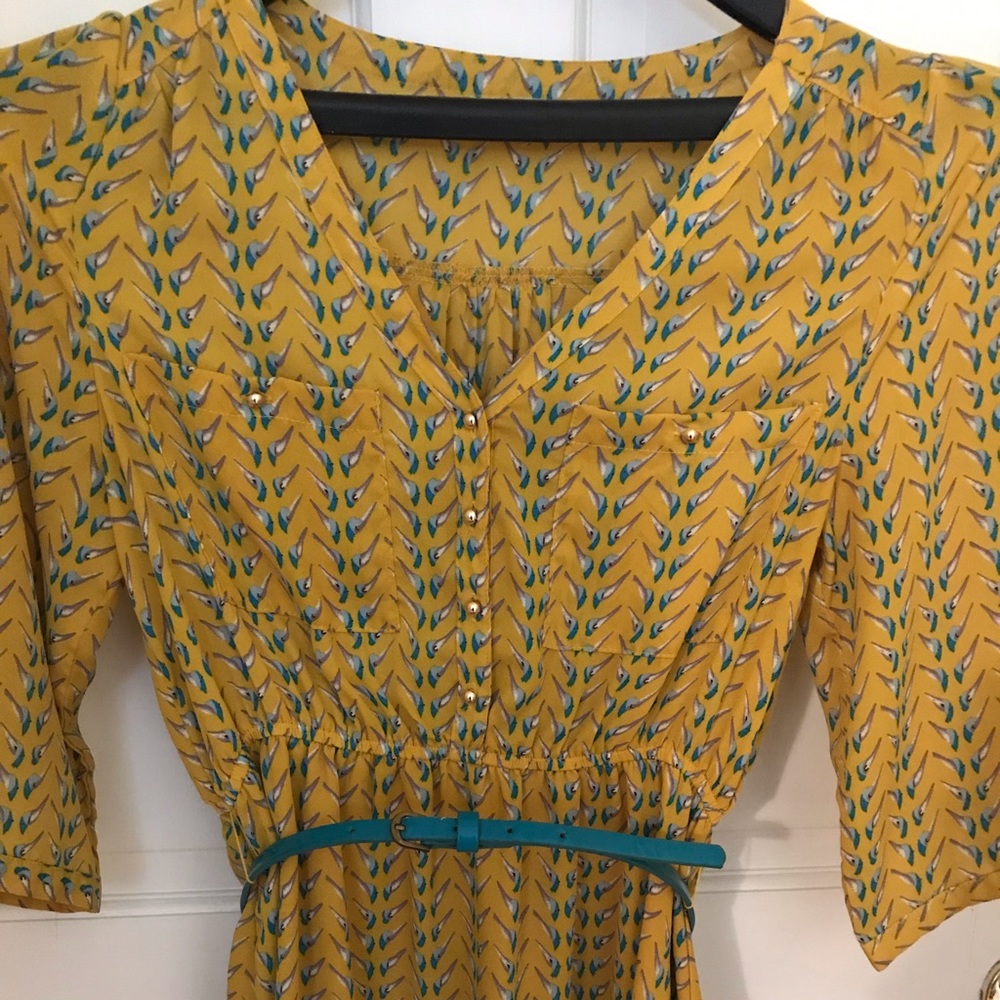 Yellow bird dress with teal belt size small